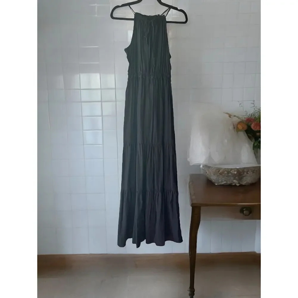 HYFVE maxi halter dress black S dark romantic prairie date night tiered feminine